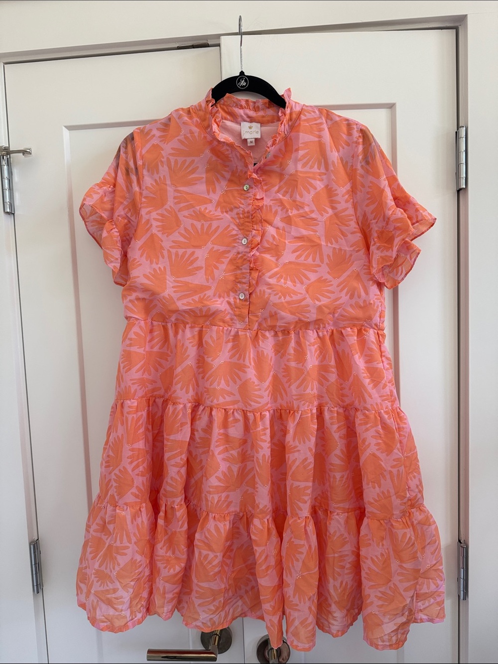 Ruffled Tiered Mini Dress in Coral Pink Leaf Print